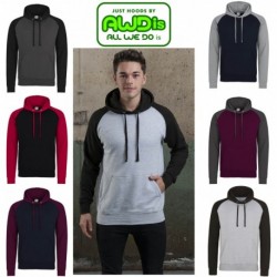 AWDIS JH009 FELPA CON CAPPUCCIO BASEBALL HOODIE 80%POLIESTERE 20%COTONE MANICHE LUNGHE UOMO PASSANTE PER CUFFIE